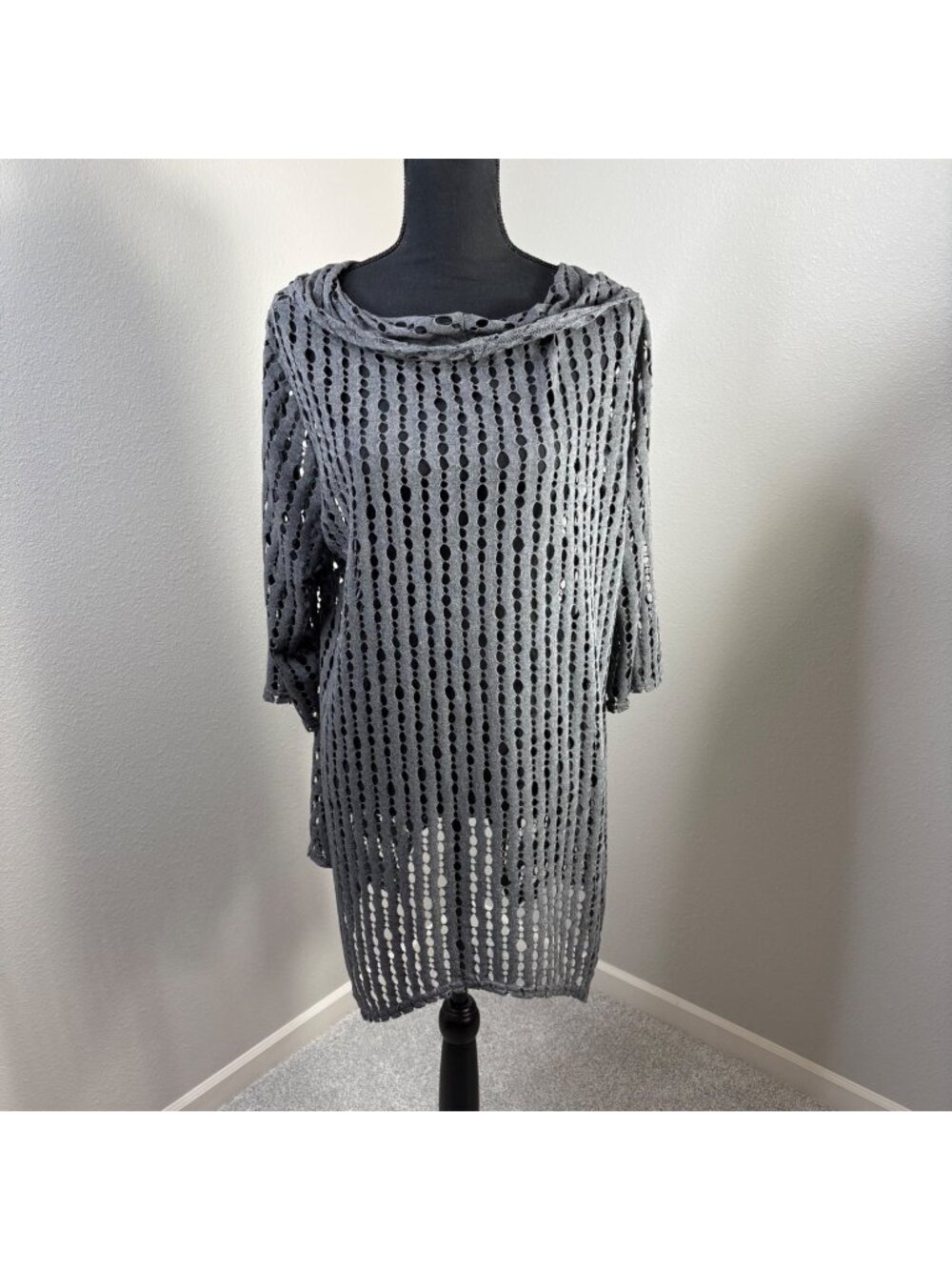Yushi Open Knit Tunic Top Womens One Size Gray Lagenlook